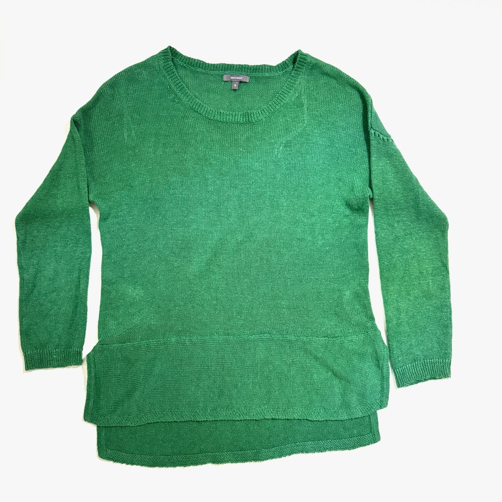 Montego Sweater Womens Medium Green Crew Neck High-Low Hem Side Slit Pullover